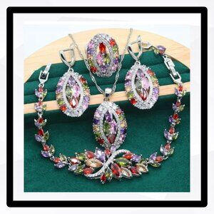 New: Multi Colors Platinum Plated Zircon Sets: Pendant/Bracelet/Earrings/Ring